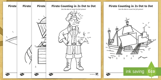 KS1 Pirate Themed Counting In 2s Dot To Dot Worksheets