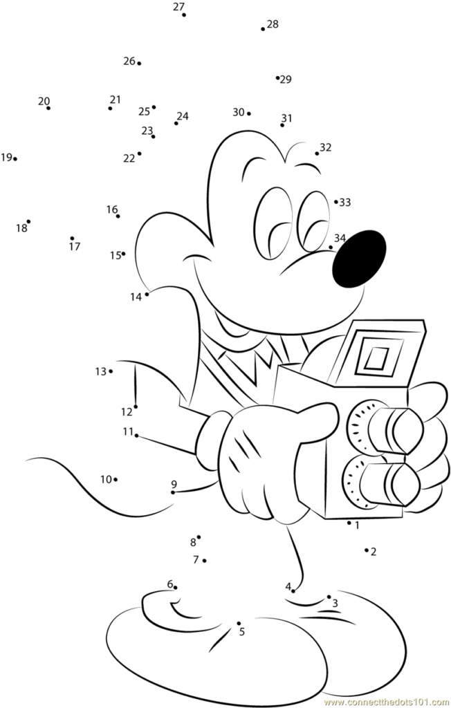 Mickey Mouse With Camera Dot To Dot Printable Worksheet 