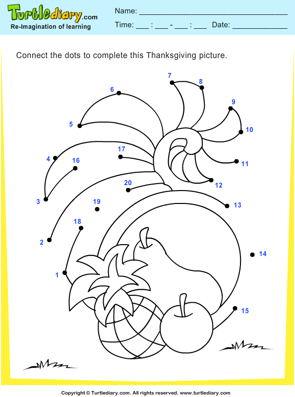 Thanksgiving Connect The Dots By Numbers Cornucopia Turtle Diary